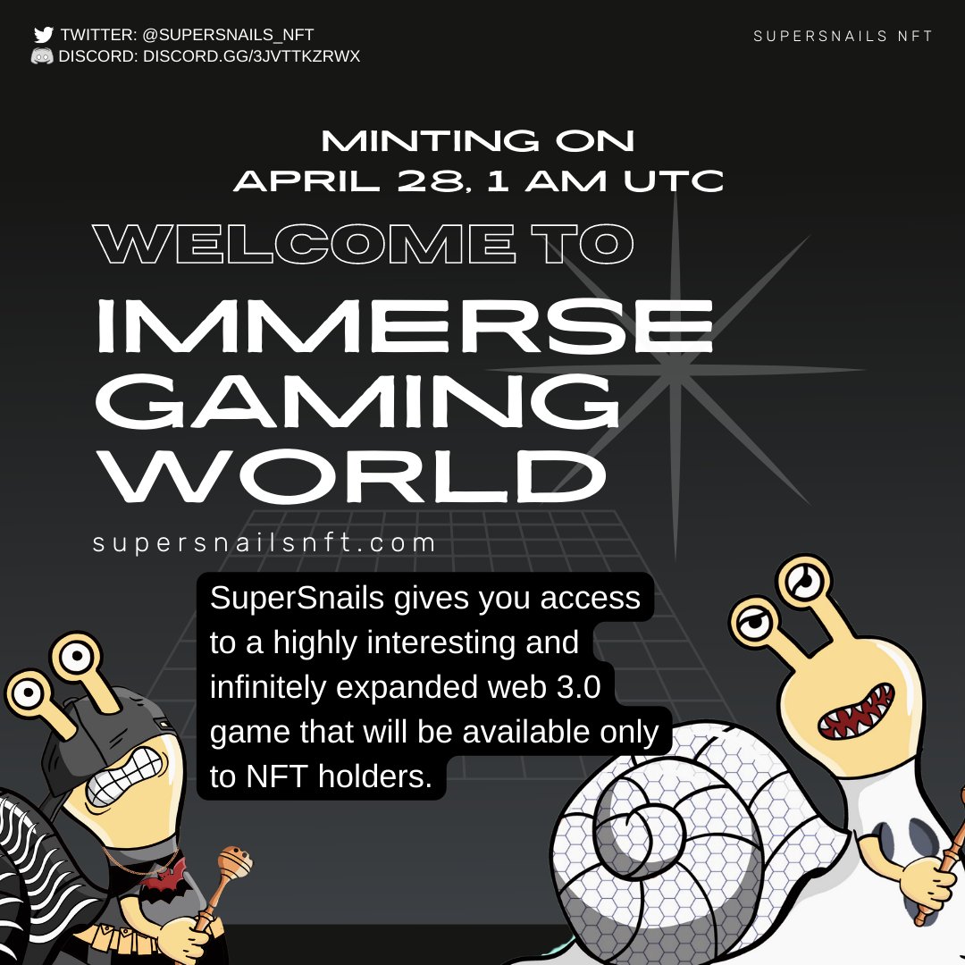 Our #Minting starts April 28th, at 1 AM UTC for those interested in learning more about the gaming world. Let the countdown begin 😜🎉🕺

#TheFutureOfGaming #cryptocurrency #blockchain #eSports #digitalgaming #gaming #supersnailnft #nftviral #nftcommunity #nfttech #nftstyle #fy