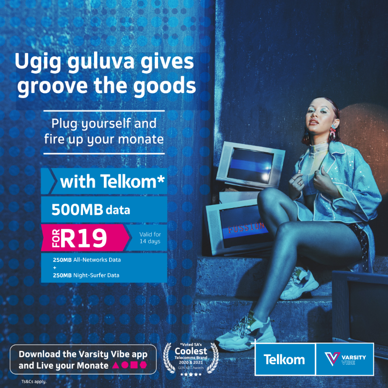 TelkomZA's tweet photo. Keep your groove as a Gig Guluva. 💃 With discounts on your favourite brands &amp; more with #TelkomXVaristyVibe! 😎 Download &amp; sign up for the Varsity Vibe Premium membership, FREE with your Telkom number 

#TelkomXVarsityVibe
#MavericksofMonate