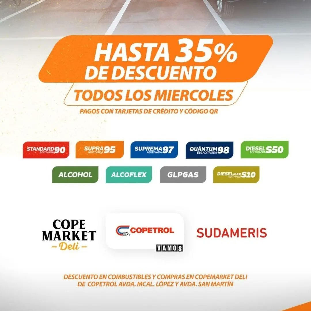 PromoCombusPY's tweet photo. Hoy tenés descuento de hasta 35% en la Copetrol de Mcal. López y San Martín de Asunción con la TC del banco Sudameris.

Fuente y más info en @Copetrol_Py

#PromoCombusPY #combustible #promocionespy #Paraguay #Asunción #Asuncion #copetrol #copetrolPY #sudameris #bancosudameris https://t.co/zJInr4mqWW