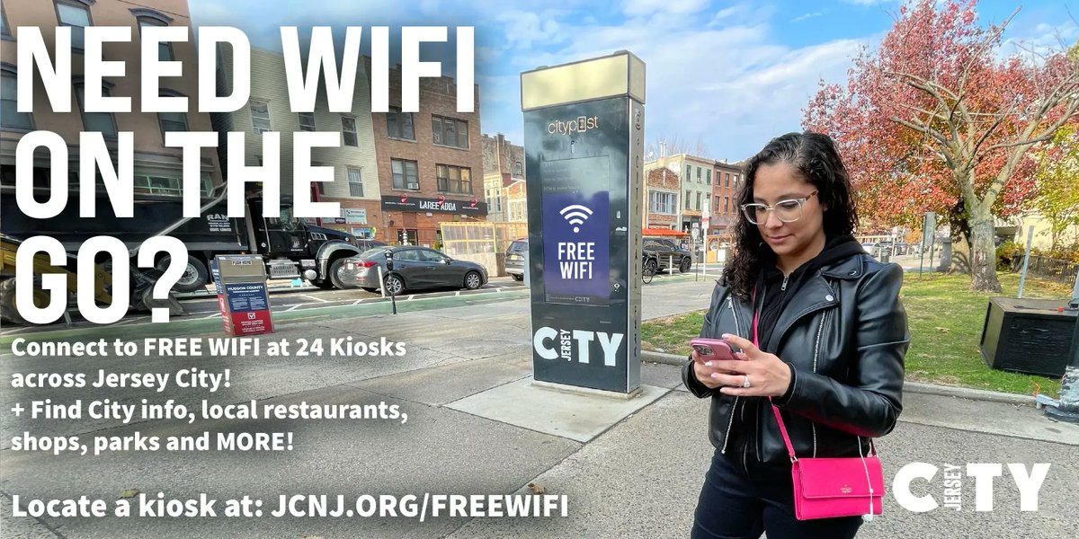 JerseyCity's tweet photo. Did you know that #JerseyCity has 24 wifi hotspots? If you are in need of free wifi or just want to know what's going on around the city, check out our kiosks! 

Work on-the-go. All you need is Wifi and a dream! 😉📶  https://t.co/LkYiLLNFZb

#FreeWifi #WifiAndAdream #CityPost https://t.co/eM2JThilu0