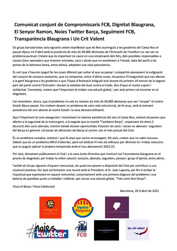 📝 Comunicat conjunt dels Grups Barcelonistes <a href="/compromissaris/">CompromissarisFCB</a> <a href="/DignitatBlGr/">Dignitat Blaugrana</a> <a href="/elsenyoramon/">El Senyor Ramon</a> , 
<a href="/NoiesTwBarca/">Noies tuitterbarça</a> , <a href="/SeguimentFCB/">SEGUIMENT FCB</a> , <a href="/TrBlaugrana/">Transparència Blaugrana</a>
 i <a href="/uncritvalent_of/">Un Crit Valent!</a>  arran dels fets ocorreguts durant el partit entre el Barça i l’Eintracht
