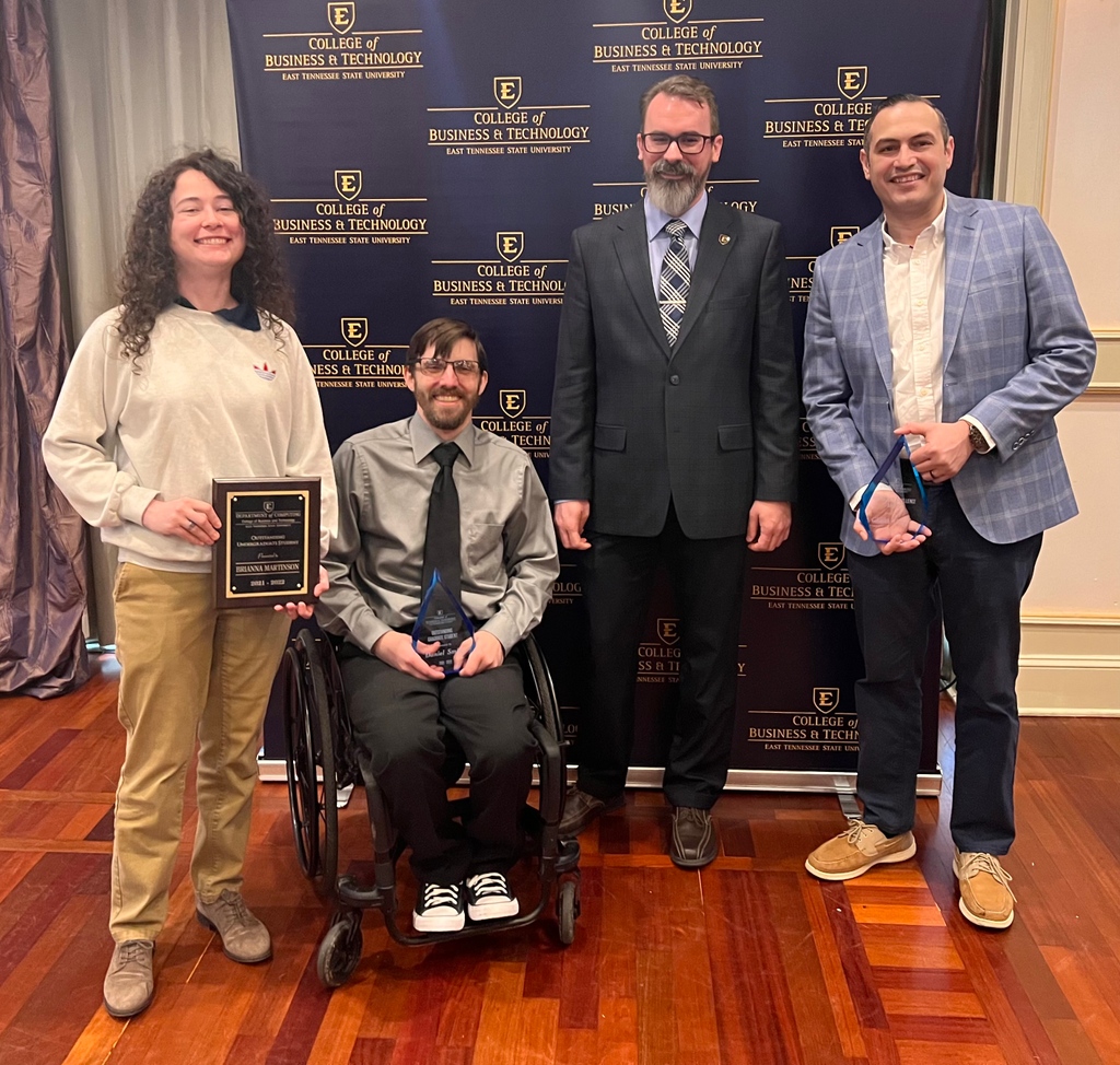 ComputingETSU's tweet photo. On Tues, ETSU's CBAT held their Honors Day Event. Brianna Martinson won Outstanding Undergrad in the Dept of Computing. Daniel Smith won Outstanding Grad Student in the Dept AND in the College. Dr Ghaith Husari won CBAT's New Faculty Award! Congrats to all! #ETSUComputing #CBAT https://t.co/Pkl33C1pDY