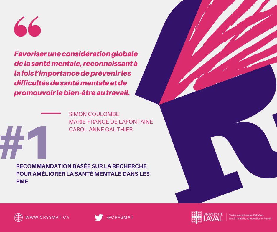 Dans son dernier rapport, la Chaire dresse 11 recommandations concrètes pour améliorer la santé mentale des travailleuses et travailleurs de PME. Voici la première 👇🏼 1/11.
@monrelief <a href="/beneva_ca/">Beneva</a> <a href="/universitelaval/">Université Laval</a> 
#travail #santémentale