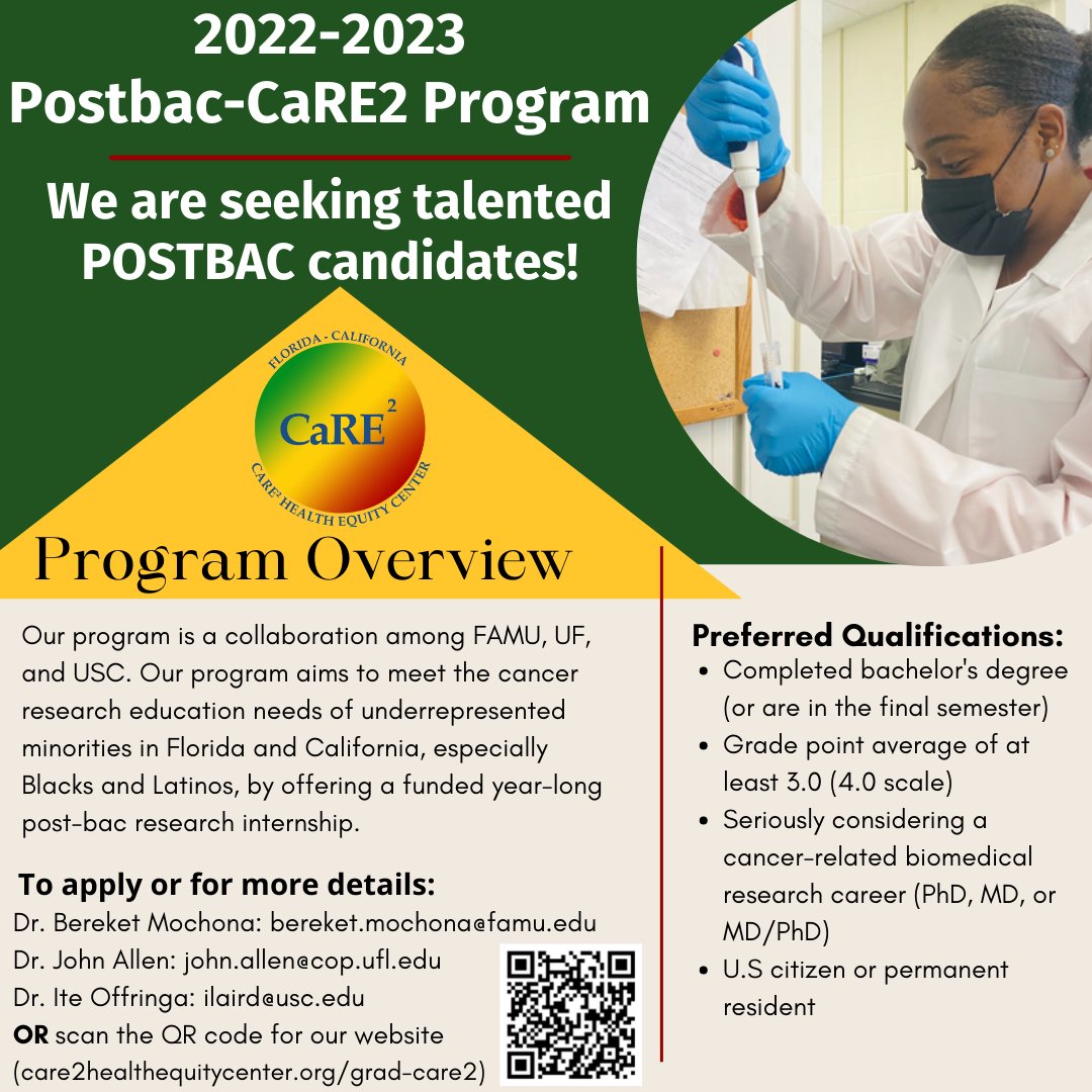 CaRE2HEC's tweet photo. Seeking all POSTBAC candidates! Apply today! To learn more go to our website link or scan our QR code: https://t.co/wEnc8fqslq
#Care2HealthEquityCenter #CaRE2HEC #CancerResearch #PostbacCaRE2Program #ApplyToday #NationalMinorityHealthMonth #MinorityMonth https://t.co/7NfpNtWMtO