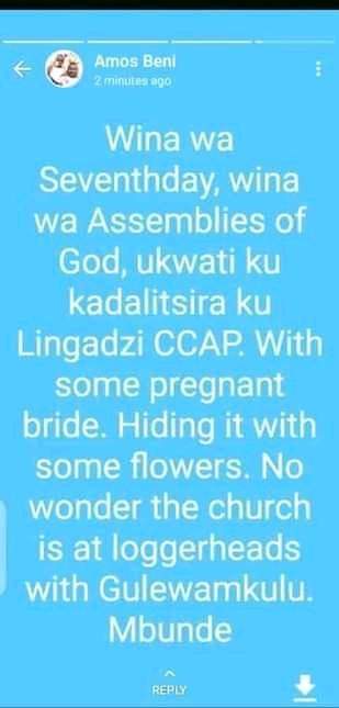 Amos Beni spills the beans. His ex wife was already pregnant with Gospel's child when the marriage was being officiated. He accuses Lingadzi CCAP of chinyengo