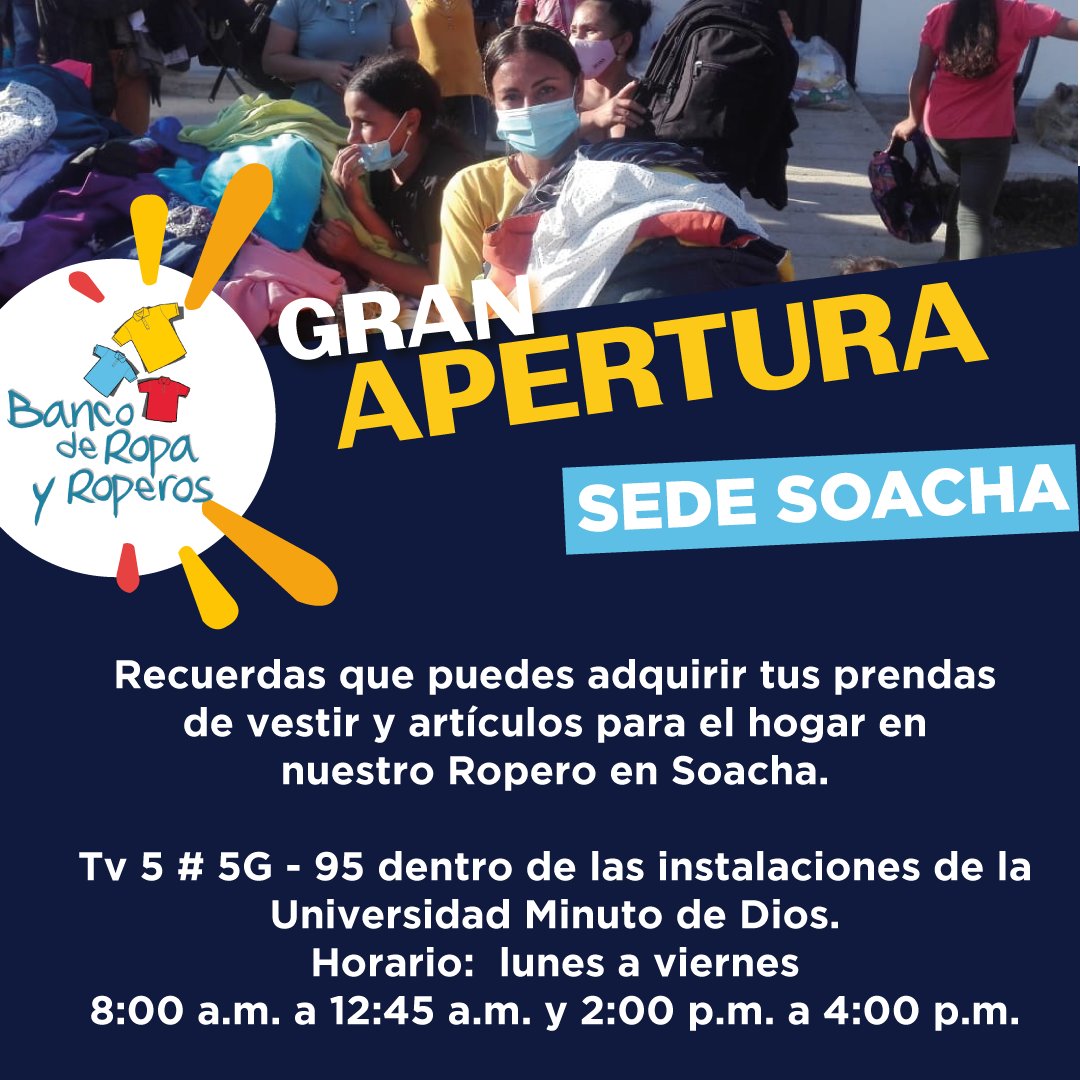 MinutodeDios's tweet photo. ¡Visítanos en #Soacha! 👏🏻
Hemos inaugurado nuestro Ropero en la Universidad Minuto de Dios (Uniminuto) Soacha, para seguir beneficiando a quienes más lo necesitan.
¡Te esperamos! #BancodeRopa #Ropero #Ropa #MinutodeDios #Incondicionales #Soacha. https://t.co/IMgWIilqyo
