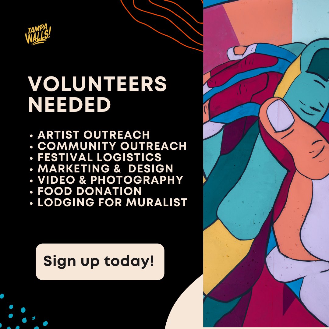 Volunteers needed starting April 16th ⚡ Students, experienced artists, &amp; community members, all welcomed! We're prepping walls, blocking in colors. we'll be painting a handful of walls over the next few weeks! Sign up &amp; lets connect:  tampawalls.org #TampaWalls