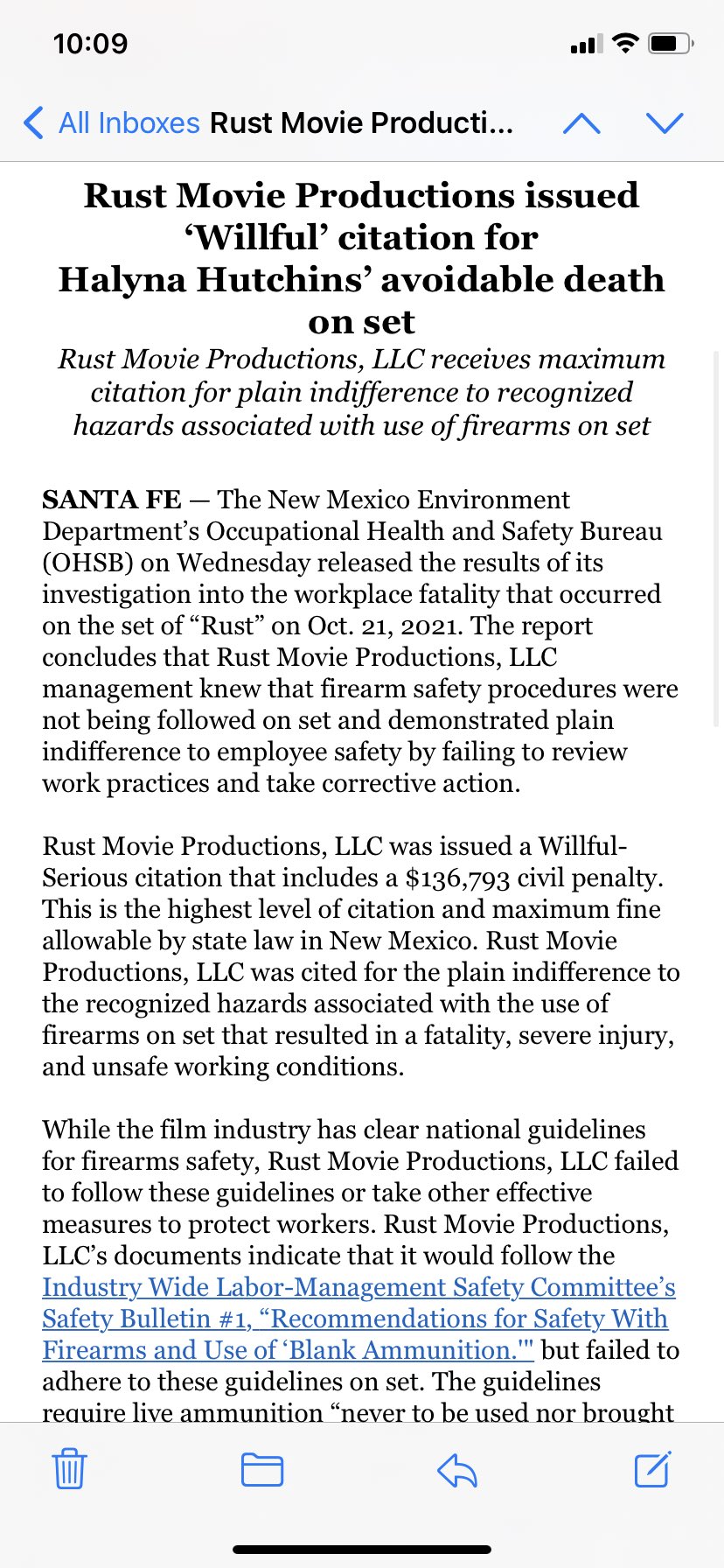Joy Wang Breaking Nm Environment Dept S Ohsb Says Rust Movie Productions Llc Management Knew That Firearm Safety Procedures Were Not Being Followed On Set And Demonstrated Plain Indifference To Employee
