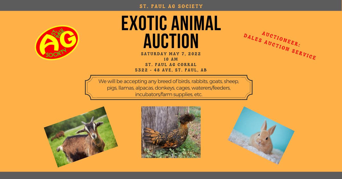 stpaulagsociety's tweet photo. Exotic Animal Auction happening in St. Paul on May 7. Bring in your small animals to sell or come buy some to add to your farm. Consignors must pre-book Lot prior to sale. Accepting all kinds of critters. Auctioneer @DalesAuctionService #exoticanimals #auctionsale https://t.co/I9KOKWPqQ2