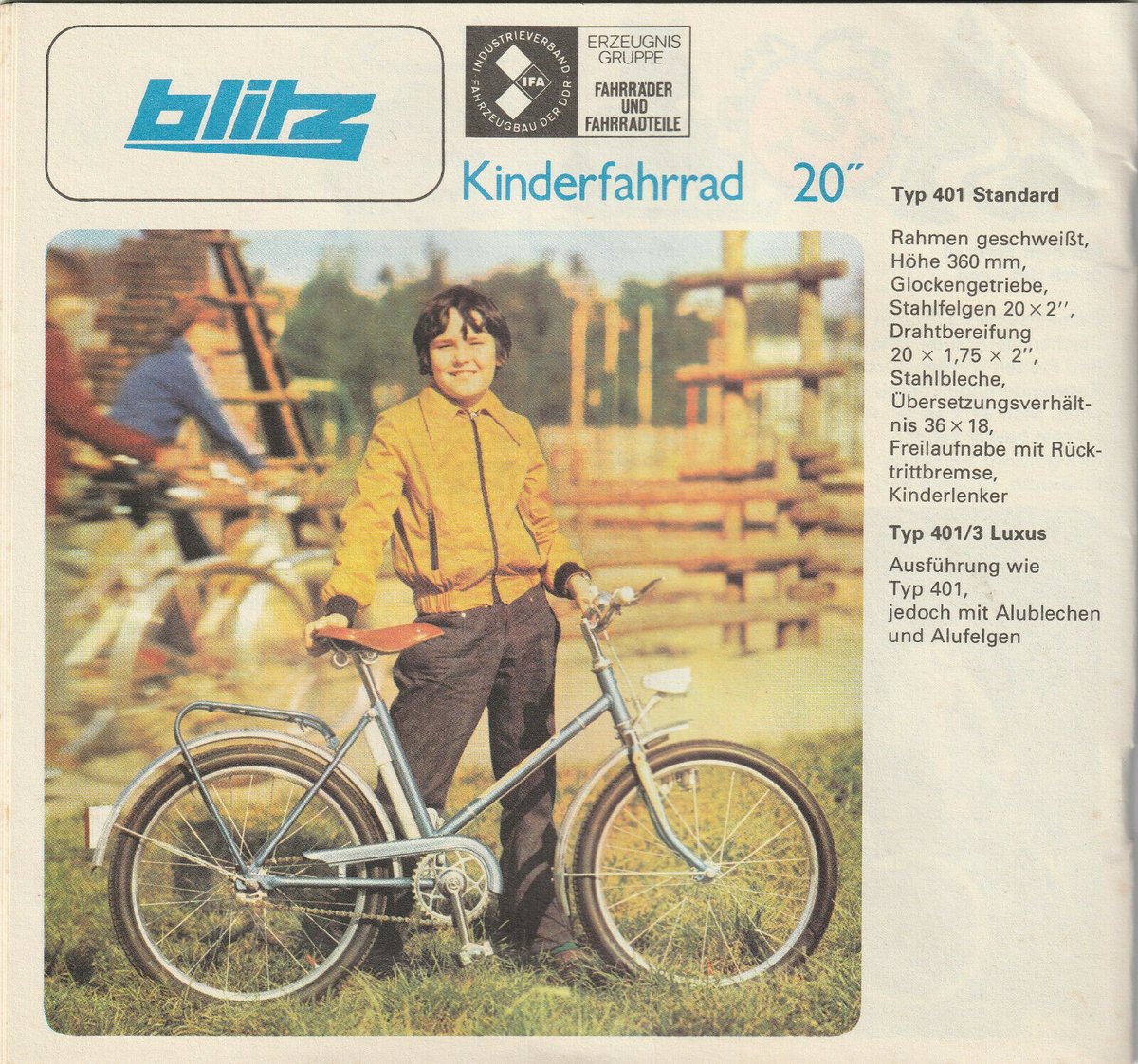 Beim Modell 401 des VEB Metallwaren "Blitz" handelte es sich um ein 20"-# Kinderfahrrad, das bis 1974 bei #Mifa gefertigt wurde. Der Rahmen sowie die  Details der Ausstattung entsprachen dem bis dato von