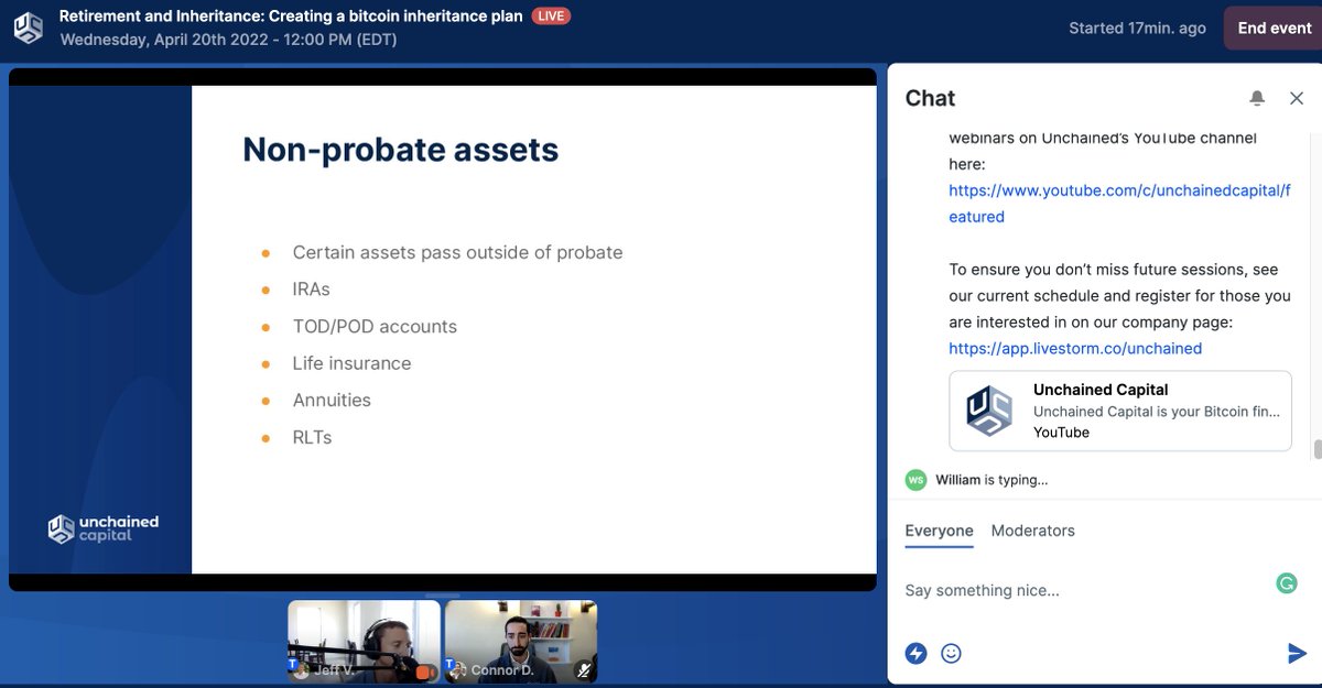 Justine Harper (@mshodl) on Twitter photo Just some <a href="/vandrewattycpa/">Jeff Vandrew Jr</a> knowledge bombs being dropped about creating a bitcoin inheritance plan on <a href="/unchainedcap/">Unchained Capital</a> monthly Bitcoin Retirement & Inheritance webinar series with <a href="/conhodlan/">Connor Dolan</a>
If you haven't signed up yet, you can still join here: app.livestorm.co/unchained/reti… Just some <a href="/vandrewattycpa/">Jeff Vandrew Jr</a> knowledge bombs being dropped about creating a bitcoin inheritance plan on <a href="/unchainedcap/">Unchained Capital</a> monthly Bitcoin Retirement & Inheritance webinar series with <a href="/conhodlan/">Connor Dolan</a>
If you haven't signed up yet, you can still join here: app.livestorm.co/unchained/reti…