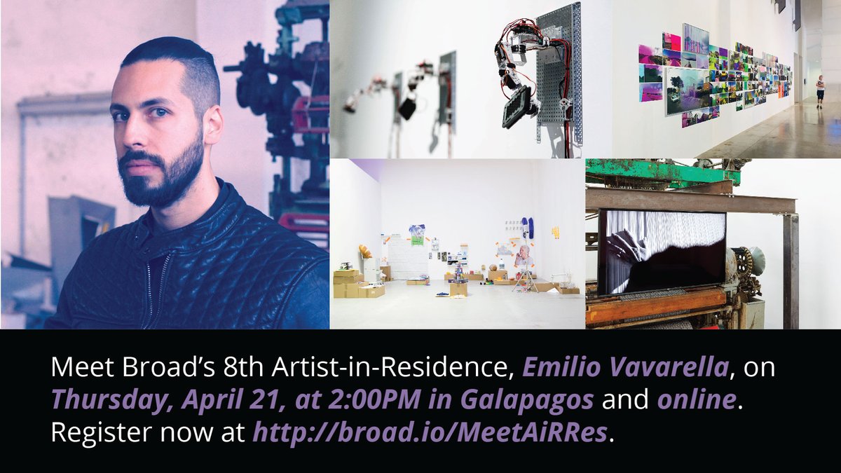 Join us tomorrow from 2-3 pm ET for an art talk with our 8th Artist-in-Residence Emilio Vavarella. Emilio will introduce his work, discuss what drew him to the Broad, and answer questions. The event is free and open to the public online: broad.io/MeetAiRRes