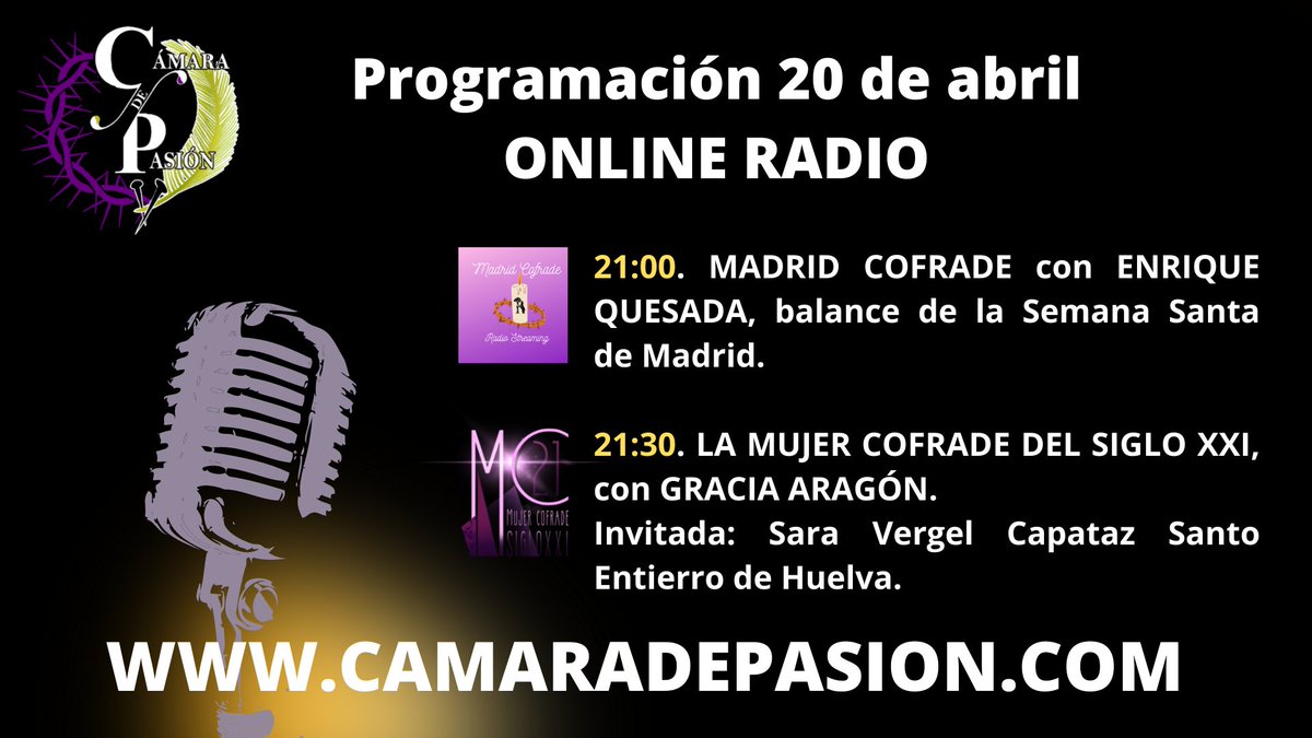 CadenaCofrade's tweet photo. 🎤Programa de hoy 20 de abril desde las 21:00h.📲
Escúchalo en https://t.co/tr9h2NY0DP
#CofradiasMLG #malaga #Madrid https://t.co/VwLIgCyyBN