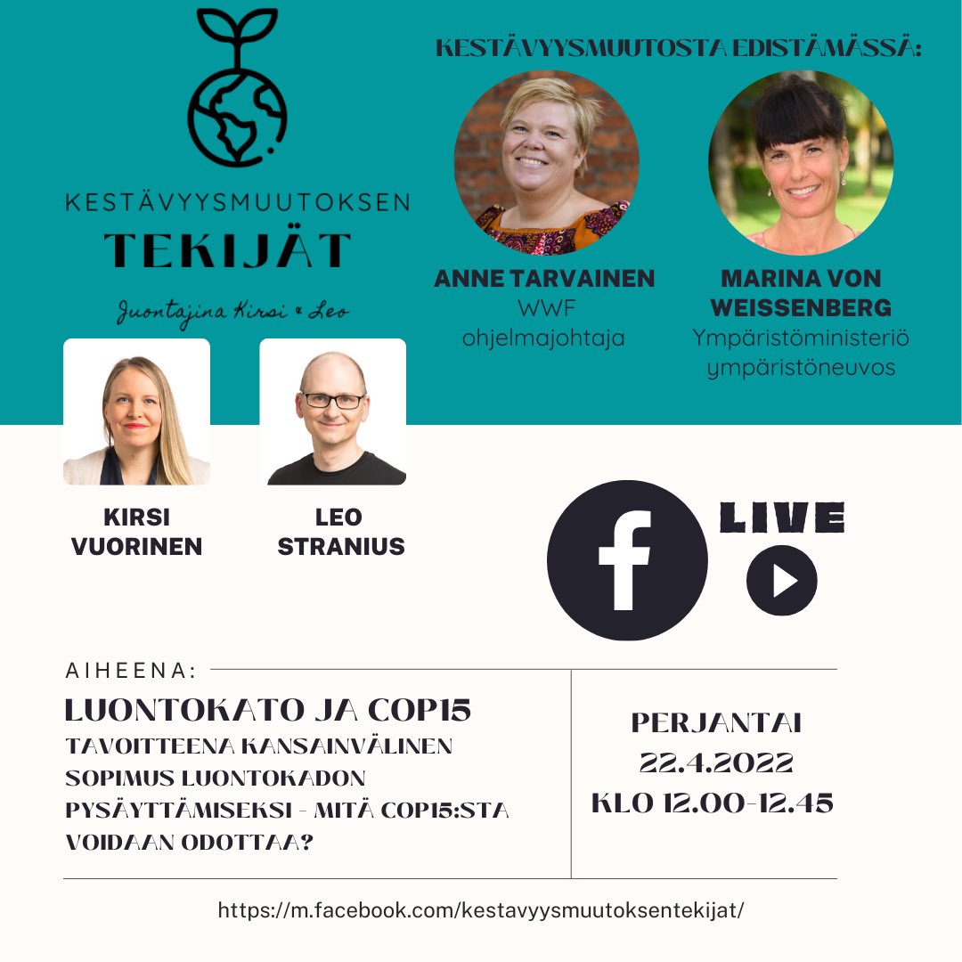 KirsiVuorinen's tweet photo. Maailman maat neuvottelevat nyt kehyksestä #luontokato pysäyttämiseksi. Mitä #cop15:sta voidaan odottaa?
Tervetuloa pe 22.4. klo 12 @LeoStranius ja mun liveen. Vieraina Suomen pääneuvottelija, @yministerio @MarinaW64 ja @WWFSuomi ohjelmajohtaja @AnneTarvainen. #biodiversity https://t.co/qPFWJw1bX6