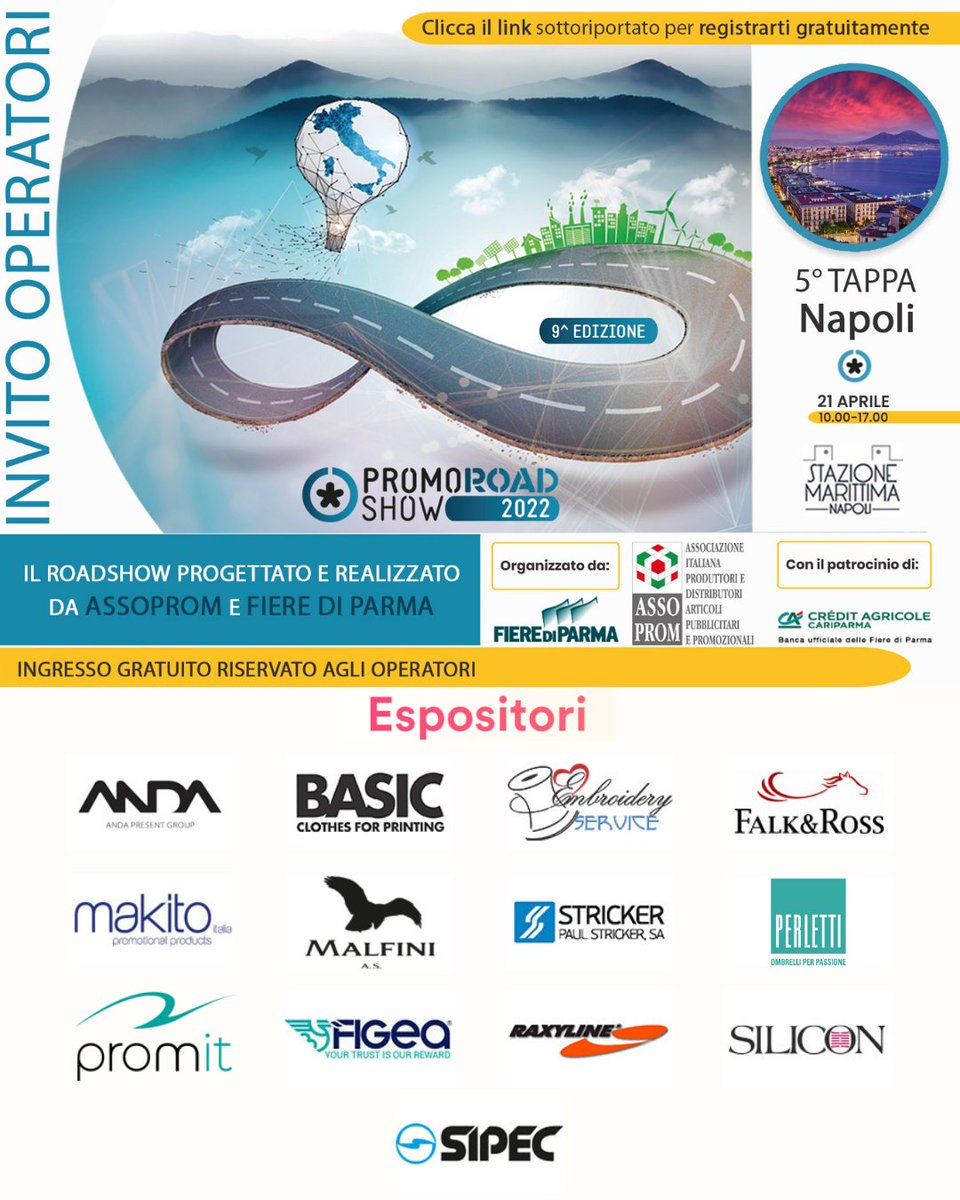 PromoShowMilano's tweet photo. Gli espositori del #PromoRoadShow ti aspettano oggi fino alle h 17 alla Stazione Marittima - Molo Angioino - Napoli Porto! Non mancare!

#Anda #Basic #EmbroideryService #FalkRoss #MakitoItalia #Malfini #PaulStricker #Perletti #PromozionaleItaliana #Figea #RaxyLine #Silicon #Sipec https://t.co/rrU5tmhafL