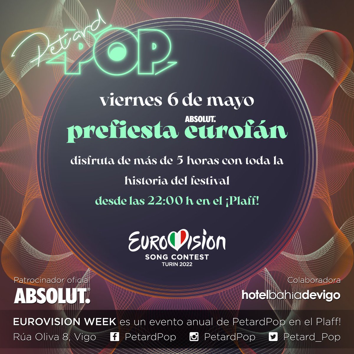 Debido a la gran demanda generada... ¡AMPLIAMOS FECHA! El viernes 6 de mayo ¡PREFIESTA ABSOLUT EUROFÁN! 😎 A partir de las 22:00h en el PLAFF de Vigo disfruta de más de 5h de videosesión 100% eurovisiva!

Consigue tu invitación totalmente gratuita en bit.ly/36v0ZVc