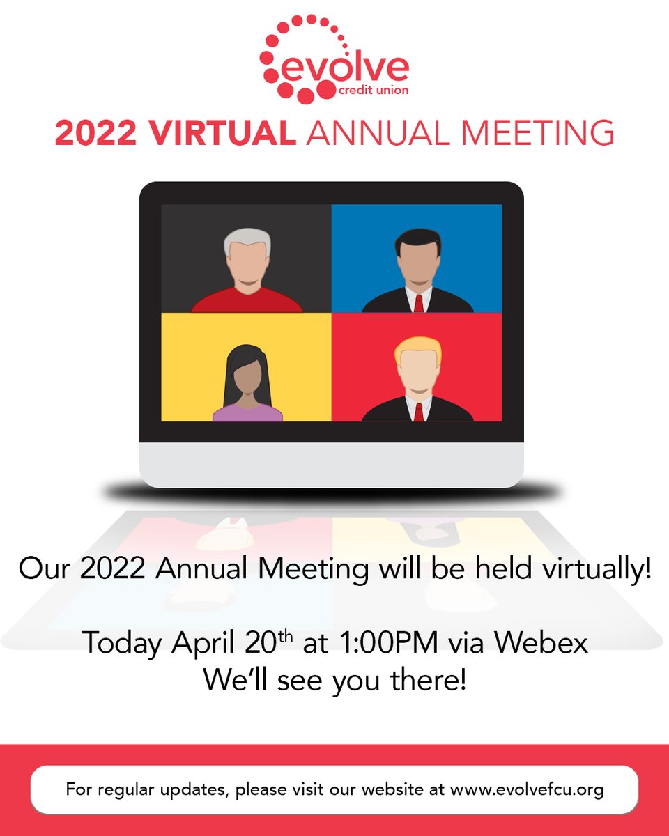 evolveFCU's tweet photo. Sending you a friendly reminder that our annual meeting will be held today at 1pm! Please check your latest email or login to home banking for the meeting link. 💻👍

See you soon!😁 https://t.co/GGFznouRcY