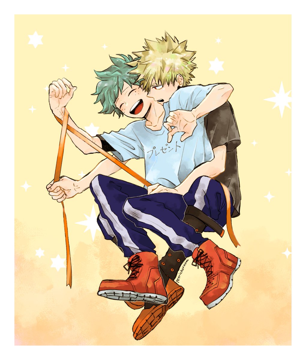 bakugou katsuki ,midoriya izuku multiple boys 2boys freckles male focus blonde hair shirt open mouth  illustration images