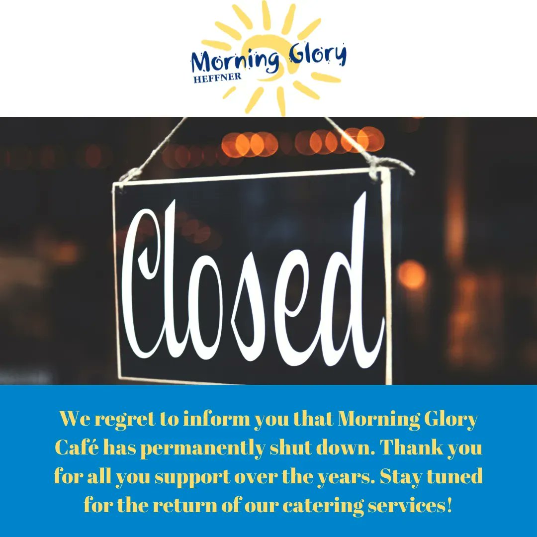 A huge thank you to Heffner's and all of our customers who have supported us over the years! Unfortunately, we regret to inform you that Morning Glory Café has shut down. We are sad to put a close to this chapter, but look forward to bringing back our catering services in May!