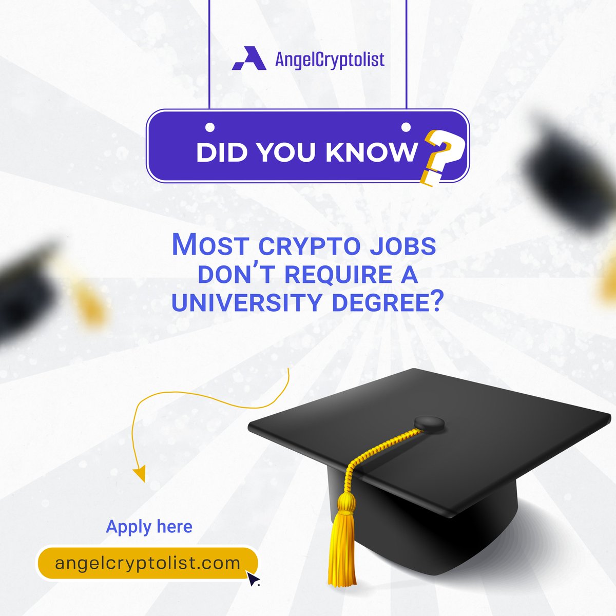 Did you know most crypto jobs do not require a university degree? Check our job list to confirm for yourself, do not be told!
angelcryptolist.com

#WednesdayWisdom #crypto #cryptojobs #angel #angelcrypto #angelcryptolist #WCWednesday #wcw