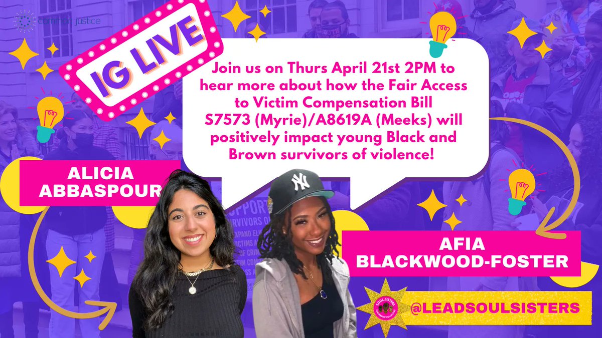 Tune in THURS April 21st at 2pm on IG Live to hear our youth staff, Afia Blackwood-Foster and Alicia Abbaspour, discuss how this bill will positively impact young Black and Brown people and survivors when filing for Victim Compensation.  #FAVC #fairaccesstovictimcompensation