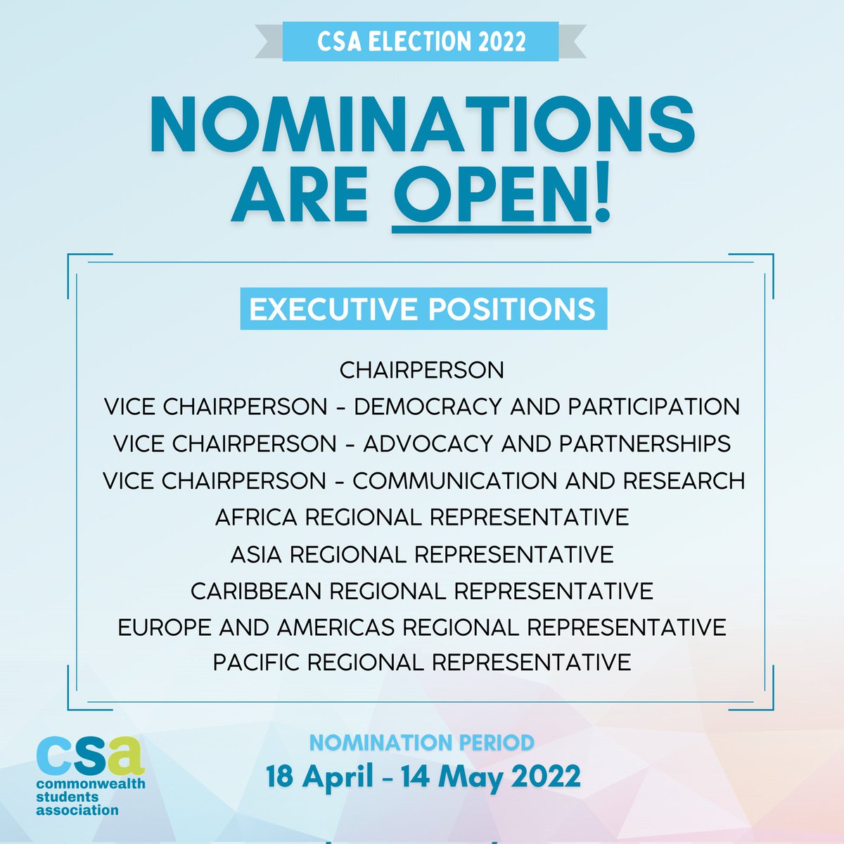 CwealthStudents's tweet photo. The Commonwealth Students' Association (CSA) has announced 9 high-profile, voluntary positions on its executive team for the year 2022 - 2024.
Visit https://t.co/TzzLxninYk to apply!
#CSAelection #JoinUs #StudentVoice https://t.co/WRBSz2pW8q