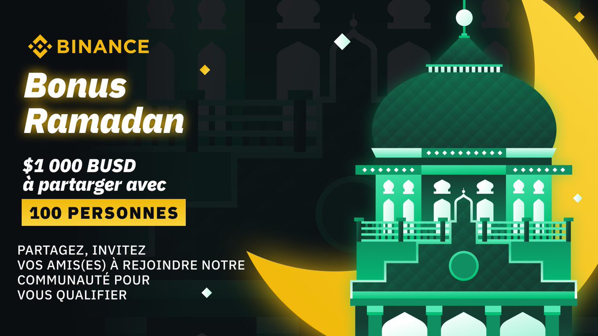 Ramadan Kareem 🌙✨

Saisissez l’opportunité de remporter des Bonus 🎁🎁dans cette magnifique période

📮 Retweetez ce post

📮 Invitez 5 amis/amies à rejoindre les chaînes de Binance Afrique

📮Remplissez ce formulaire :
bit.ly/RamadanBonus