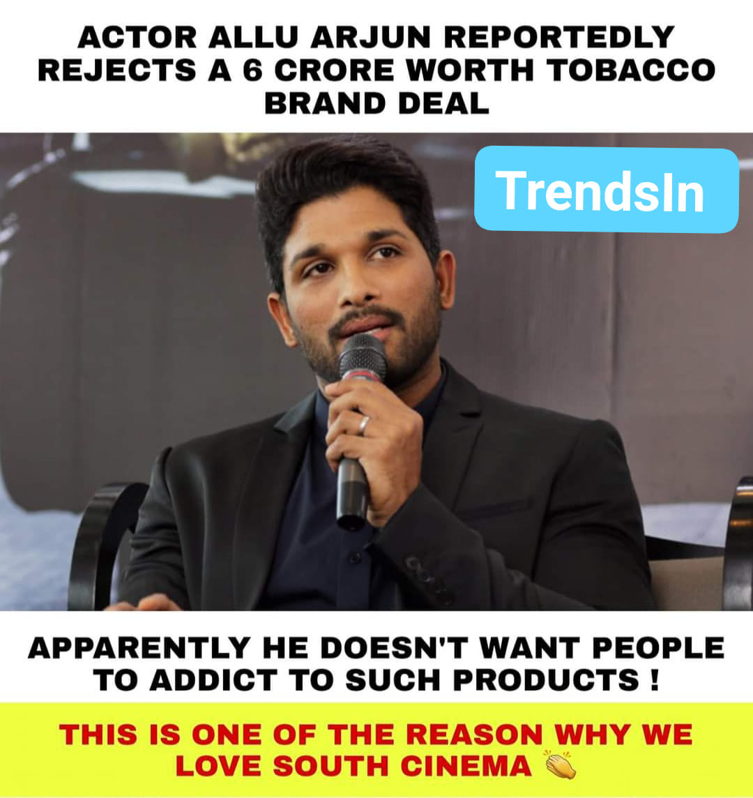TrendsIn_India's tweet photo. That's Why We Love All Arjun ๐
#AlluArjun #SayNoToTobacco
#TrendsIn https://t.co/D0hjGj2WQs