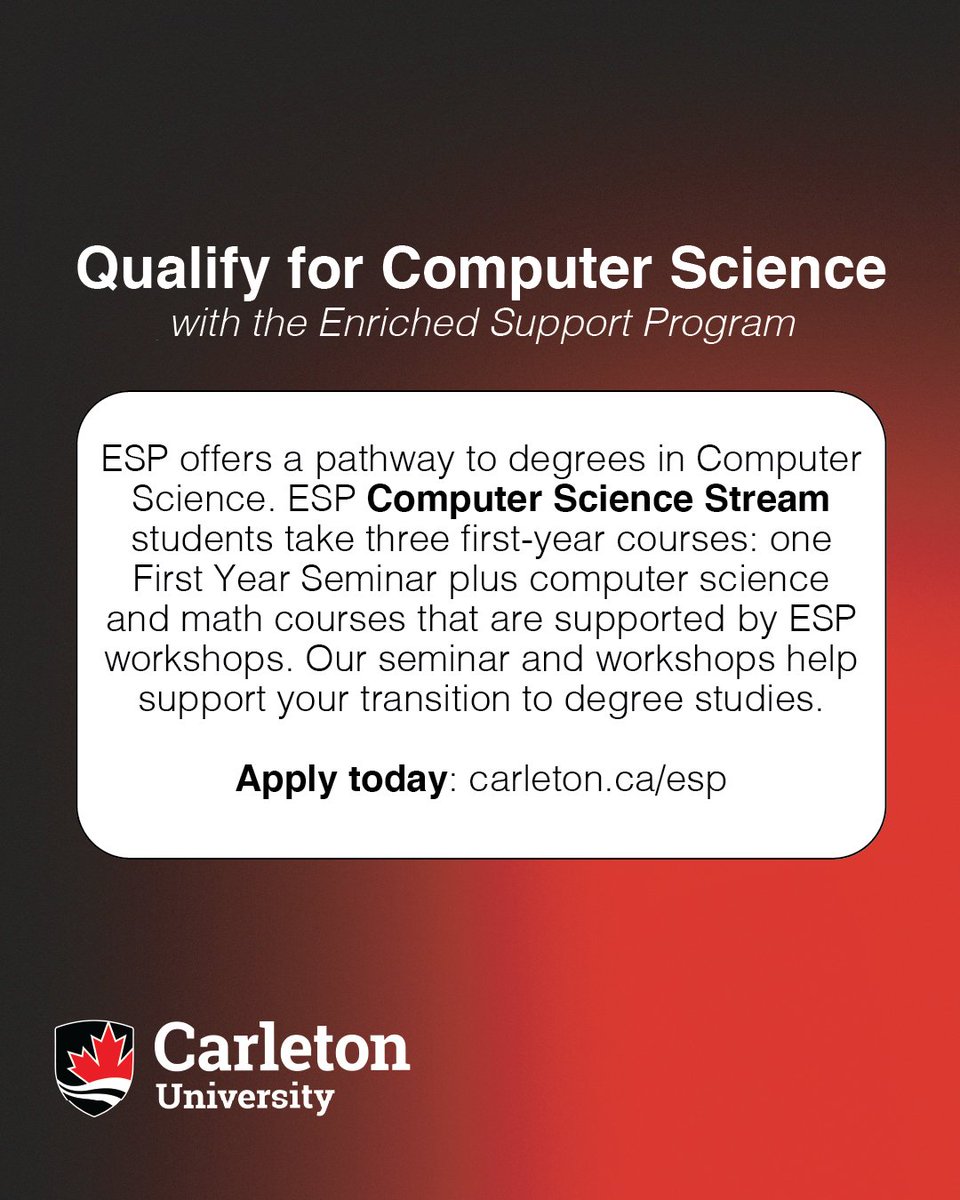 Are you looking for a way to qualify for degrees in Computer Science at <a href="/Carleton_U/">Carleton University</a>? The Enriched Support Program can help. 💻 

Learn how to apply for ESP's Computer Science Stream: carleton.ca/esp/program/#C…

#ComputerScience #universityadmission