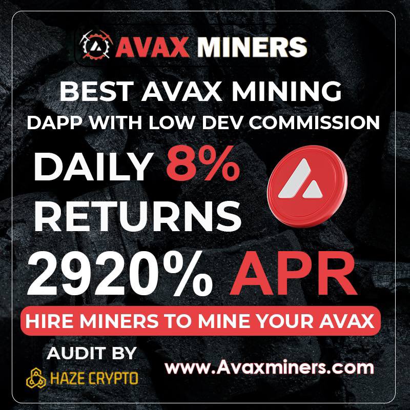 YoCryptoRocco's tweet photo. ✅-https://t.co/01Jg1uCp0e
Best Avax Mining Dapp. Earn daily 8% , 2920% APR  🌐 AvaxMiners - https://t.co/00l7n7YGWx ➡️ AVAX ROI Project   ➡️ 7.6% Daily ROI base on time of audit  ➡️ Contract Link: https://t.co/ZUe3b7bgHB ➡️ Telegram: https://t.co/ddmtg7oyJ7  👉🏼 group @avaxminers https://t.co/xkywQsH3NJ