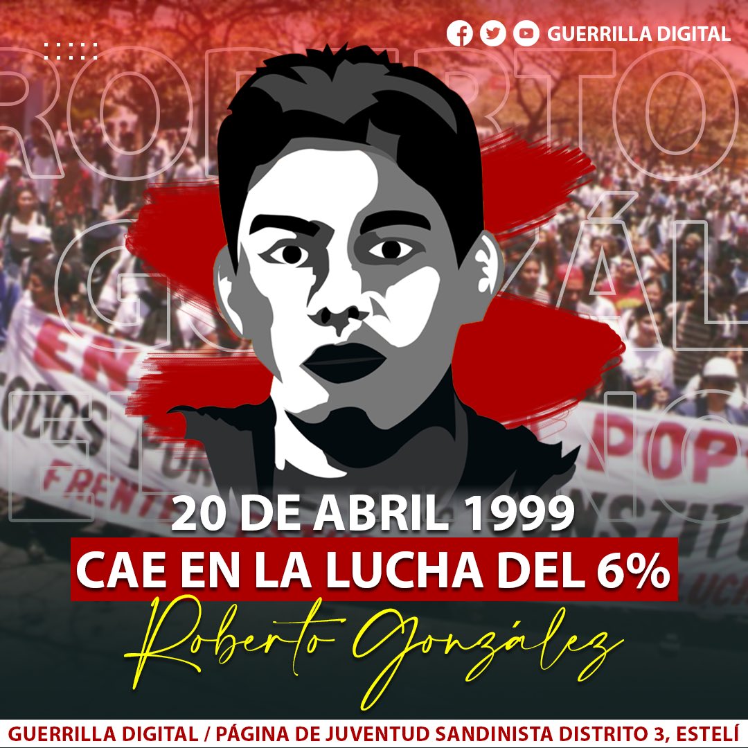 GuerrillaDigi11's tweet photo. #Nicaragua | 23 años han pasado desde la partida física de Roberto González, pero su memoria inspira hoy a miles de estudiantes para ser vanguardia en defensa de las reivindicaciones educativas en Nicaragua. 🇳🇮✊🔴⚫️ ¡Presente! ¡Presente! ¡Presente! 
#VictoriasDeLaPaz
#JSEsteliD3 https://t.co/P1s7FzUBak