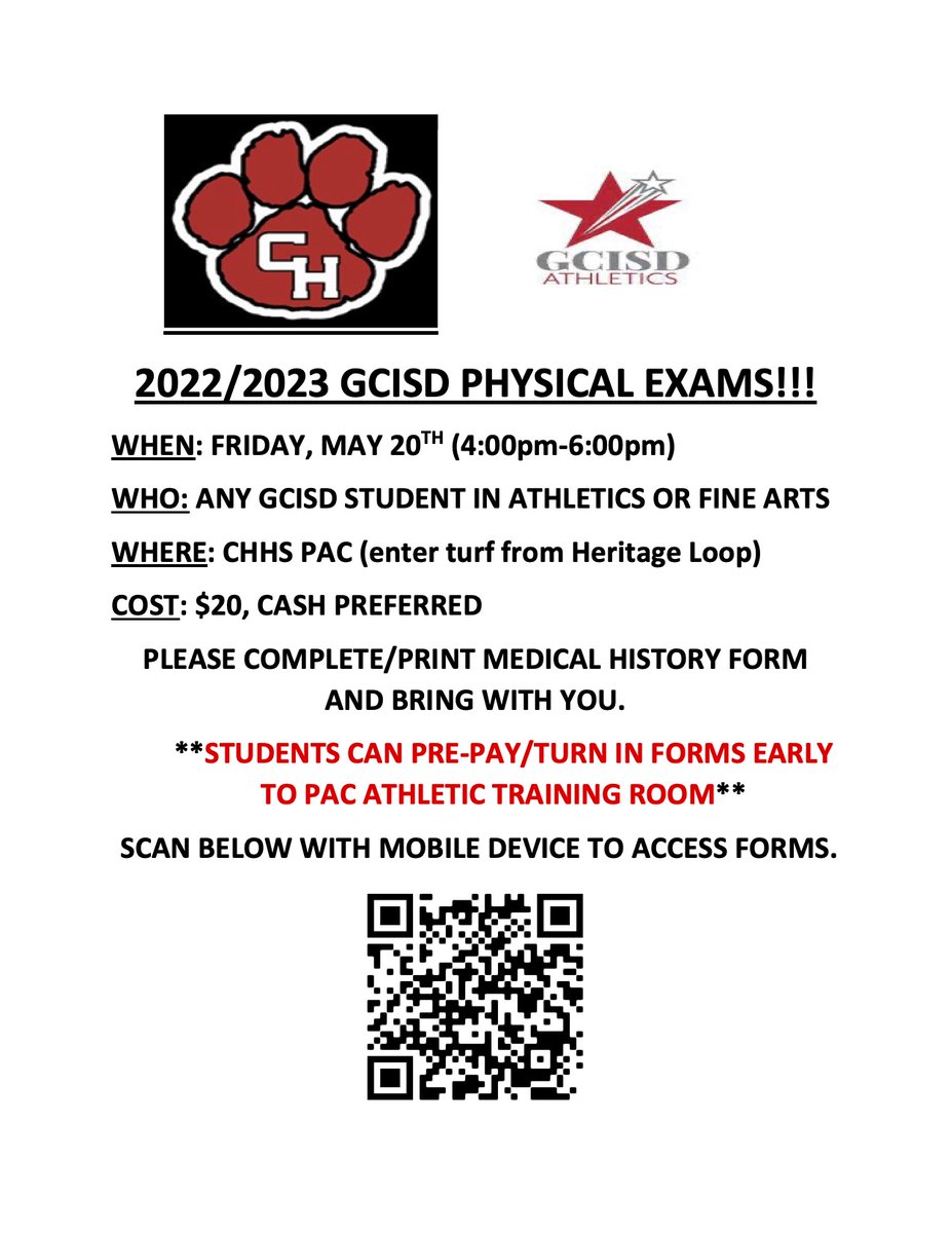 Colleyville Heritage High School Sports Medicine (@chhs_sportsmed) on Twitter photo Mark your calendars for our 2022/2023 Athletic & Fine Arts Physical Exam Day at CHHS! <a href="/GCISDSwim/">GCISD Swim & Dive</a> <a href="/GCISD/">Grapevine-Colleyville ISD</a> <a href="/GCISD_Athletics/">GCISD Athletics Dept.</a> <a href="/CHBandPride/">Colleyville Heritage Band</a> <a href="/chhspanteras/">Premier Panteras</a> <a href="/Diamonds_CHHS/">Diamonds Color Guard</a> <a href="/CHPantherettes/">CHHS Pantherettes</a> <a href="/CmsColts/">Colleyville Middle School</a> <a href="/HMSBoysAth/">HMS Boys Athletics</a> <a href="/Heritage_GA/">HMS Lady Broncos</a> <a href="/boys_gms/">GMS Boys Athletics</a> <a href="/GMSgirlsath/">GMS Girls Athletics</a> <a href="/CTMSWolvesGirls/">Wolves Girls’ Athletics</a> <a href="/CHPantherPride/">Colleyville Heritage</a> Mark your calendars for our 2022/2023 Athletic & Fine Arts Physical Exam Day at CHHS! <a href="/GCISDSwim/">GCISD Swim & Dive</a> <a href="/GCISD/">Grapevine-Colleyville ISD</a> <a href="/GCISD_Athletics/">GCISD Athletics Dept.</a> <a href="/CHBandPride/">Colleyville Heritage Band</a> <a href="/chhspanteras/">Premier Panteras</a> <a href="/Diamonds_CHHS/">Diamonds Color Guard</a> <a href="/CHPantherettes/">CHHS Pantherettes</a> <a href="/CmsColts/">Colleyville Middle School</a> <a href="/HMSBoysAth/">HMS Boys Athletics</a> <a href="/Heritage_GA/">HMS Lady Broncos</a> <a href="/boys_gms/">GMS Boys Athletics</a> <a href="/GMSgirlsath/">GMS Girls Athletics</a> <a href="/CTMSWolvesGirls/">Wolves Girls’ Athletics</a> <a href="/CHPantherPride/">Colleyville Heritage</a>