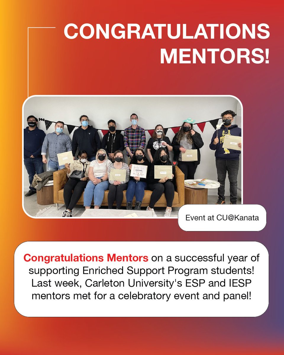 Last week, ESP mentors held an end-of-year celebration and panel at @CUinKanata 🎉 

"Confidence, motivation and drive to do the hard things. I am enough." — Quote from panelist Sarah Scott, a former student and mentor in the Enriched Support Program.

#ontariouni #carleton