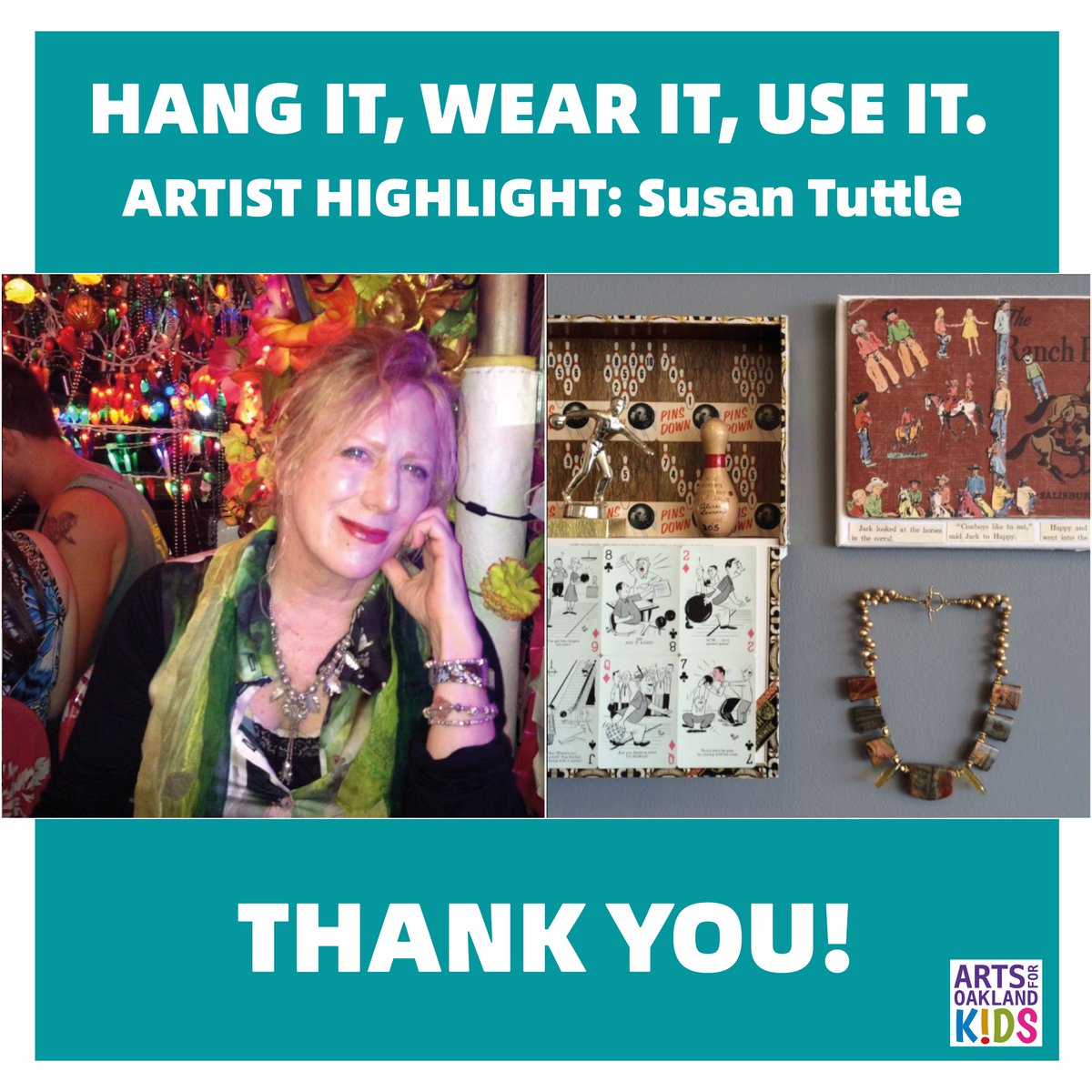Meet Susan Tuttle, a  jeweler &amp; mixed media artist.  Susan showcased her varied talents at AOK’s March “Hang It, Wear It, Use It” art auction by donating a necklace &amp; her piece “Pins Down”! Thank you, Susan!
Please help us say thank you to Susan -> @susan_tuttle_designs
