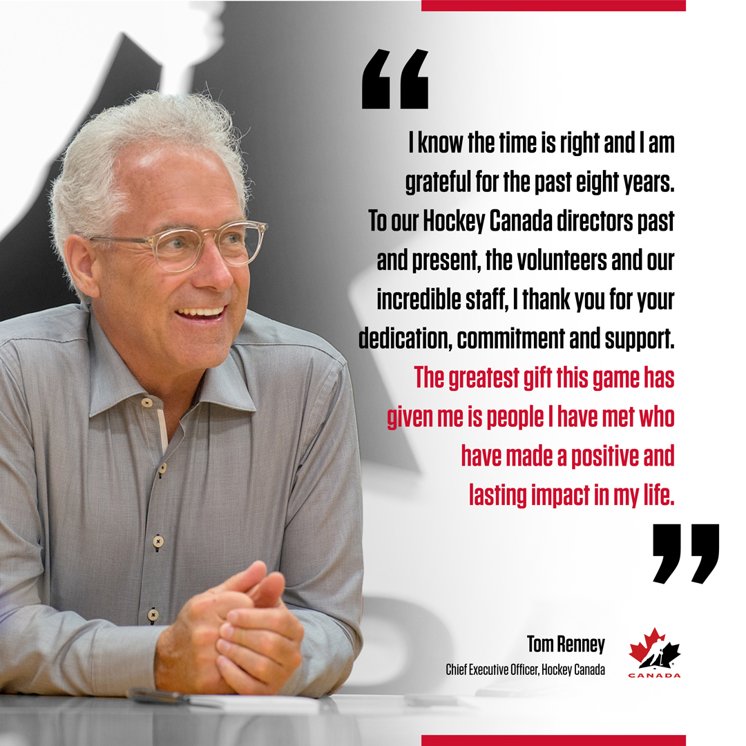 After eight years at the helm of #HockeyCanada, chief executive officer Tom Renney is set to retire, effective July 1. 
 
Scott Smith will take over from Renney, adding the CEO title to his duties as president.
 
READ MORE ⏩ hc.hockey/RenneyRetires