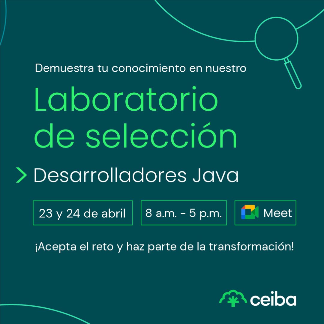 CeibaSoftware's tweet image. Este fin de semana en nuestro laboratorio de selección. ¡Anímate a inscribirte!
Buscamos #DeVsJava
📝 Aplica bit.ly/3EYenfK
23 de abril, 8 am a 5 pm
24 de abril, 8 am a 12 m
¡Queremos contar con tu talento!
#JavaJobs #trabajoremoto #trabajosíhay #ITJobs #WeAreHiring
