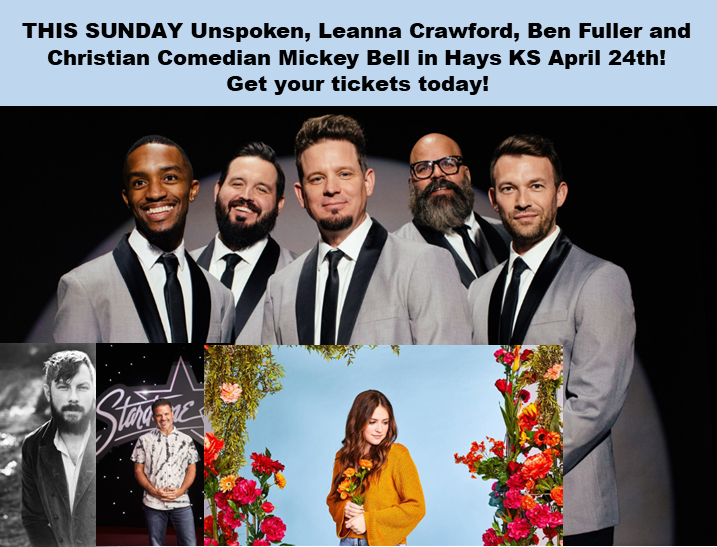 KprdRadio's tweet photo. THIS SUNDAY @unspokenmusic @leanna_crawford, BEN FULLER AND CHRISTIAN COMEDIAN MICKEY BELL IN CONCERT IN #HAYSKS!!!

As of this post only a few hundred tickets remain!  Get your tickets today at https://t.co/d8RHuaibBY https://t.co/RHh0jpqjzl