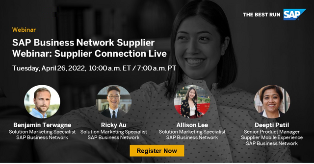 tim_key's tweet photo. Join us on April 26th for our supplier connection live webinar. Learn how you can unlock more capabilities on the network and get a snapshot of future solutions Register today and save your seat here: #SAPBusinessNetwork @SAP @SAPAriba https://t.co/axIqdYbMjI https://t.co/LerkzT3YLl