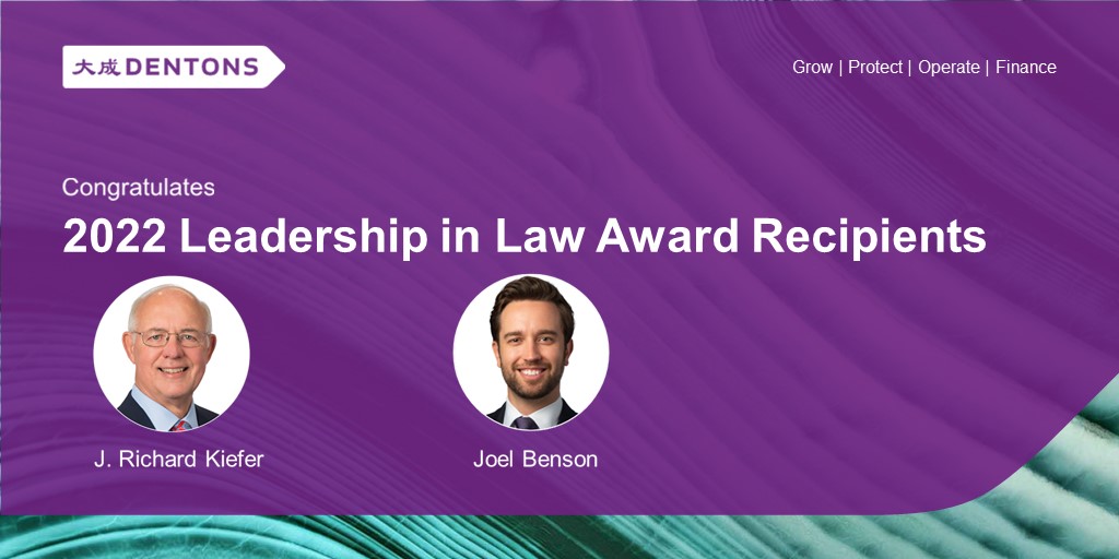 DentonsBG's tweet photo. Congratulations to our 2022 Leadership in Law Award recipients, Richard Kiefer (Distinguished Barrister) and Joel Benson (Up and Coming Lawyer). They will receive their awards from the @Indiana_Lawyer at a June 1 recognition event. #dentons #awards #indiana https://t.co/kYBbm4Kihn