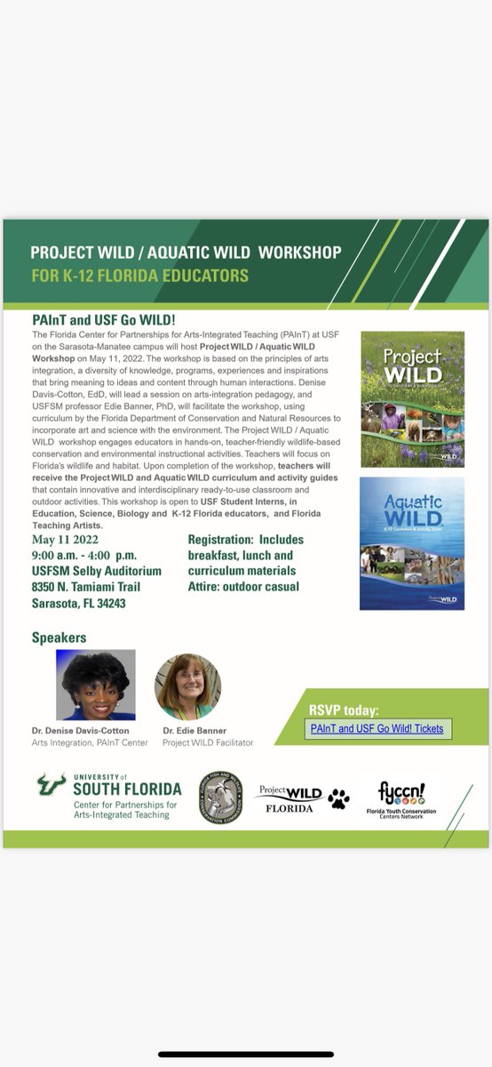 EngagementUSF's tweet photo. K-12 Educators!
Join USF Sarasota-Manatee in a fun Project WILD/ Aquatic WILD Workshop on May 11, 2022. This workshop engages educators in hands-on, teacher- friendly wild-life based conservation and environmental instructional activities! https://t.co/c7M9OQhAh3
