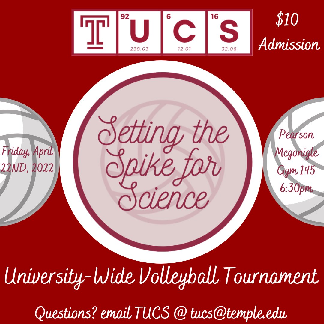 Friday TUCS is having a volleyball tournament called Setting the Spike for Science! Come join in Pearson Mcgonigle Gym 145 at 6:30pm and play some volleyball! The admission is $10 and you can build your own team of 6 or go in as a free agent! Register here docs.google.com/forms/d/e/1FAI…