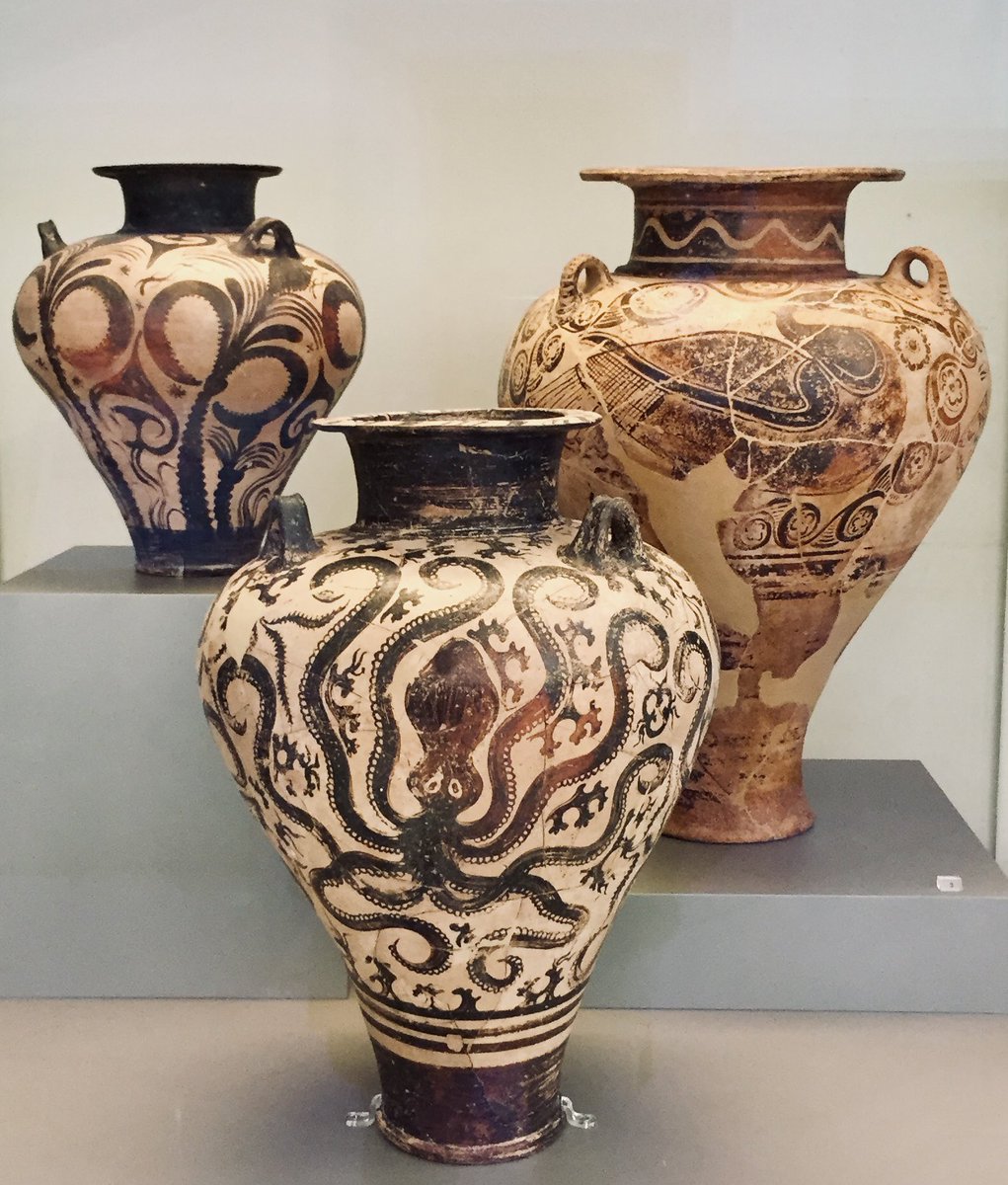 Three beautiful Bronze Age amphorae from Mycenae, Greece. Fabulously decorated with palm tree, aquatic bird and octopus designs inspired by the natural world, c. 3,400 years ago. At the National Archaeological Museum, Athens.

#Archaeology