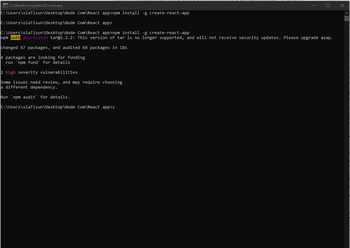 olaTisun_'s tweet image. Please, I need help. I have been trying to install react. 

#100DaysOfCode #TechDifficulties