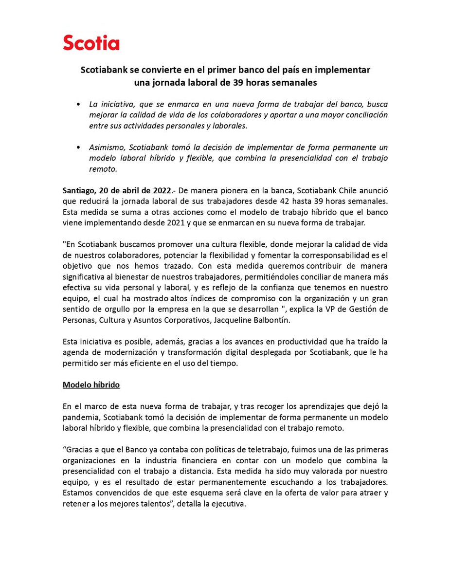 🔴 Scotiabank anunció que reducirá su jornada laboral a 39 horas semanales.