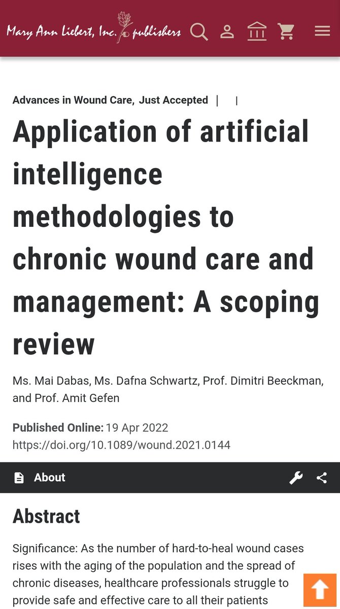 Our new #article reviewing groundbreaking #ArtificialIntelligence #methodologies in #WoundCare - including our own latest contributions to the field - was just published in Advances in Wound Care (Journal of the <a href="/WoundHeal/">WoundHealingSociety</a>):

liebertpub.com/doi/10.1089/wo…

@DimitriBeeckman <a href="/SKINTUGent/">Skin Integrity Research Group</a>