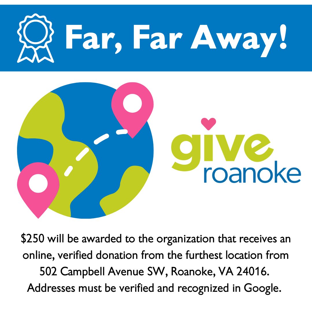 Far, Far Away Prize 
Another chance to help a nonprofit organization earn additional funds!  
giveroanoke.org
#GIVERoanoke