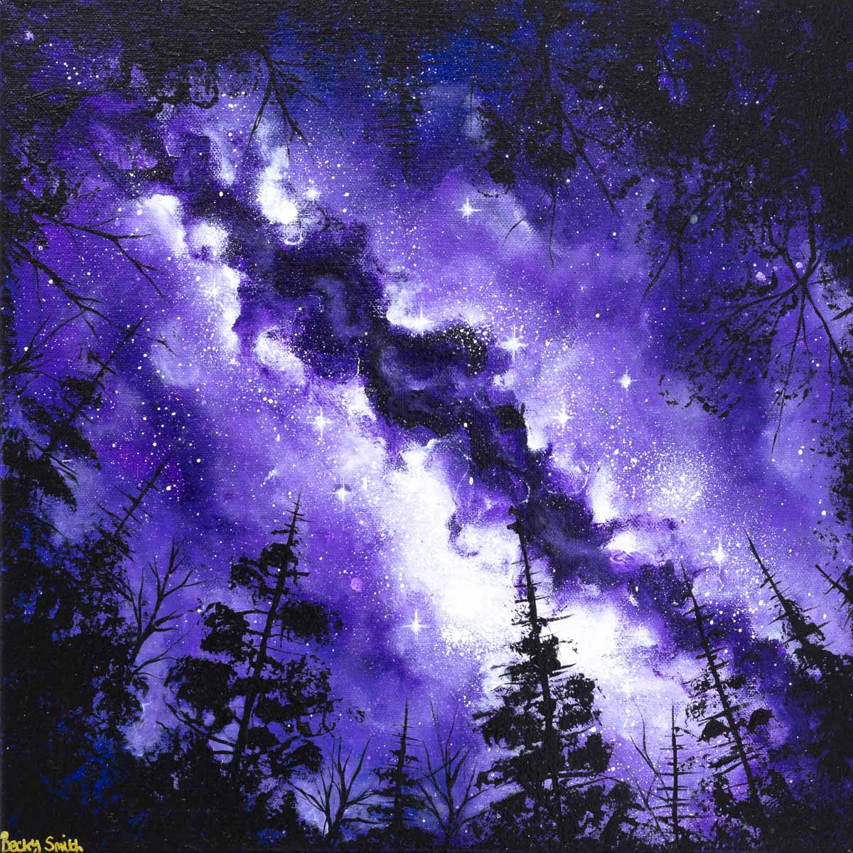 Becky Smith adds a splash of paint to her canvas as she creates a magical night drenched in violet tones as stars twinkle like diamonds in the sky. Discover this beautiful artwork change by the dark of night as the UV paint glows beneath.  

#artwork #glowart
