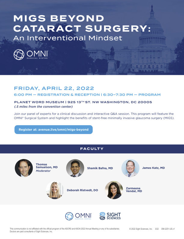 Don’t miss Sight Sciences’ #MIGS educational symposium at #ASCRS2022 on Friday, April 22, at 6:00 pm ET. <a href="/twsamuelson/">Thomas W. Samuelson</a>, MD, global key opinion leader and former ASCRS president, will moderate the event. 

RSVP Today: bit.ly/3Ef0GdO