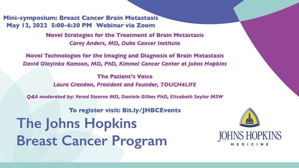 Christine Hodgdon (@christeeny513) on Twitter photo Excellent lineup for this Johns Hopkins symposium on May 12 focused on #BreastCancer #BrainMets!
Speakers include Dr. Carey Anders (<a href="/CareyAnders1/">Carey Anders</a>), Dr. David Olayinka Kamson, & patient advocate Laura Crandon (IG: @touch4life_inc)
Register at:
bit.ly/JHBCEvents Excellent lineup for this Johns Hopkins symposium on May 12 focused on #BreastCancer #BrainMets!
Speakers include Dr. Carey Anders (<a href="/CareyAnders1/">Carey Anders</a>), Dr. David Olayinka Kamson, & patient advocate Laura Crandon (IG: @touch4life_inc)
Register at:
bit.ly/JHBCEvents