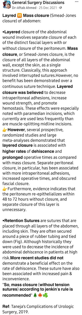 𝗟𝗮𝘆𝗿𝗲𝗱 🆚 𝗠𝗮𝘀𝘀 𝗰𝗹𝗼𝘀𝘂𝗿𝗲 (Smead-Jones closure) of abdomen:
𝗥𝗲𝗳: Taneja’s Complications of Urologic Surgery, 2019
#inciosionalhernia
#Suture #burstabdomen